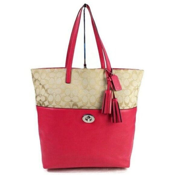Coach Signature Turn Lock Double Handle Signature Khaki Pink Leather Tote Bag